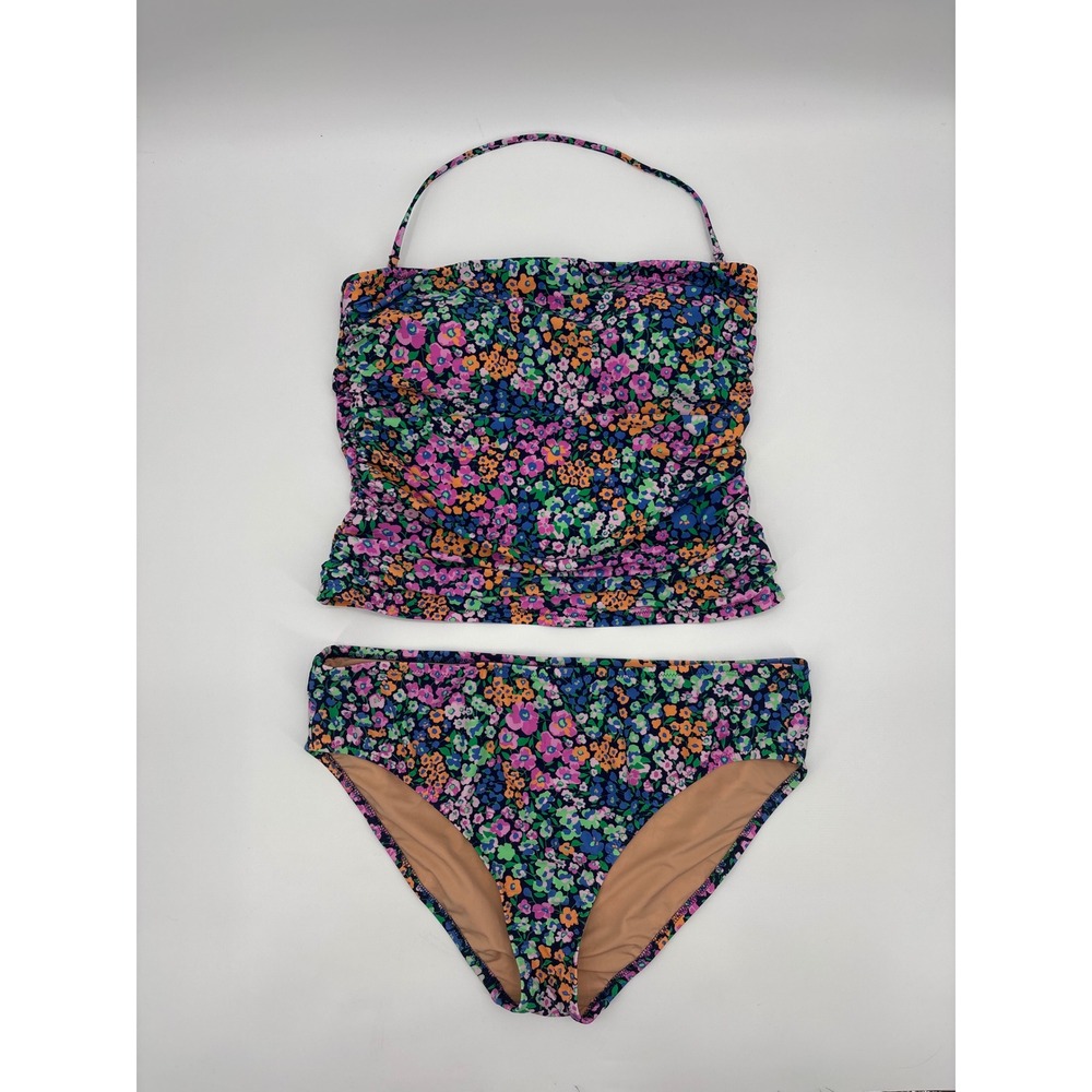 J. Crew Floral Tankini Bikini Set in Navy with Pink, Purple & Green Flowers